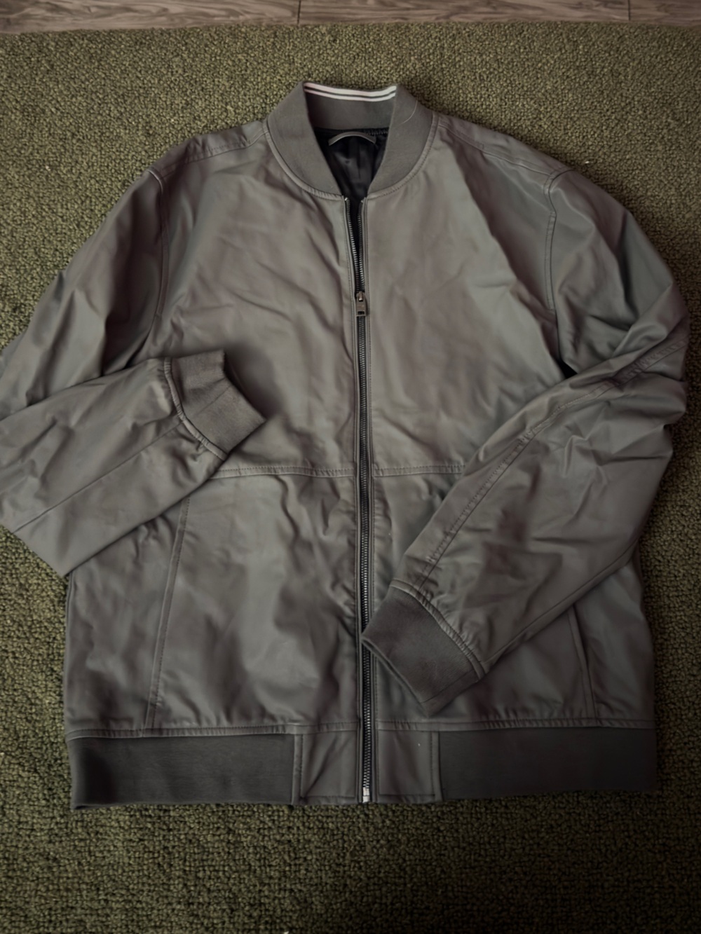 Mango Men's Gray Leather Bomber Jacket with Ribbed Trim